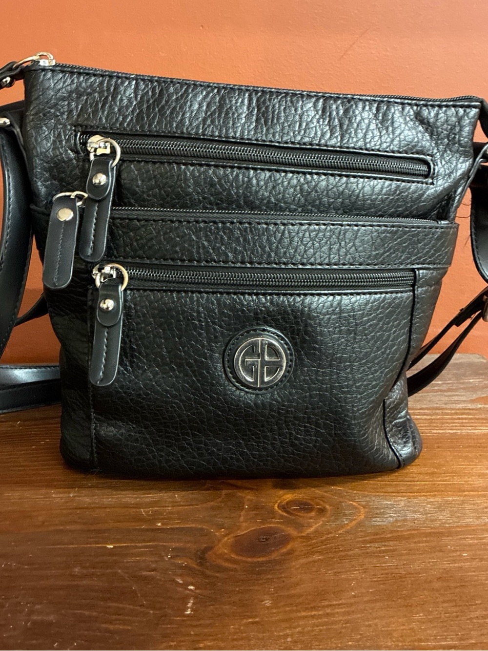 Gianni Bini Black Textured Leather Crossbody with Front Zipper Pockets